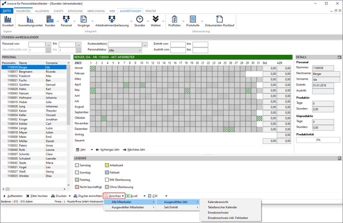 Screenshot: Stunden-Jahreskalender in zvoove PDL mit Vorschau-Funktion