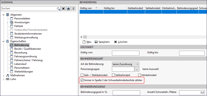 Screenshot: Einstellung zur Zuordnung in Spalte 3 im Bereich Eigenschaften – Behinderung