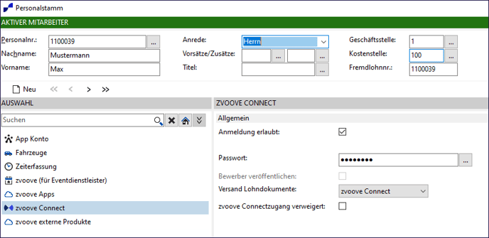 Screenshot: Passwortgenerator für zvoove Connect im Personalstamm