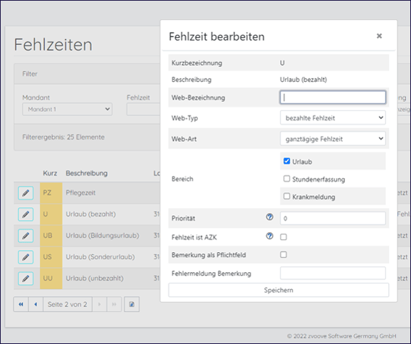 Fehlzeiten-Konfiguration in zvoove Connect