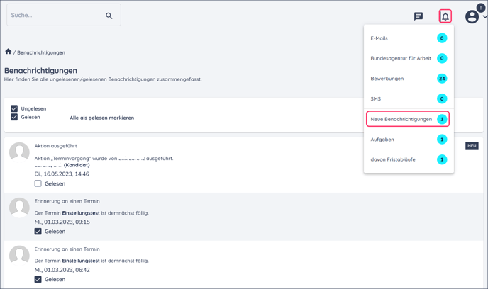 Benachrichtigungen über das Glockensymbol in zvoove Recruit aufrufen