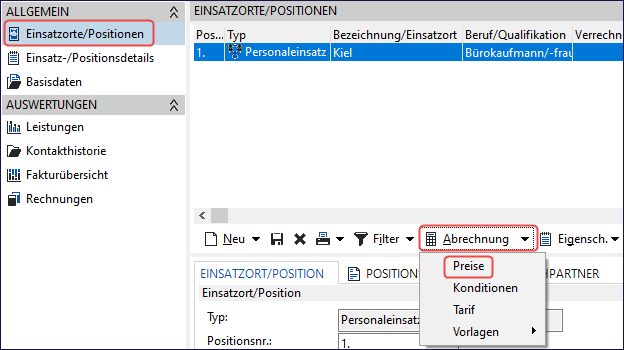 Navigation zu Einsatzorte/Positionen und Abrechnung im Auftrag