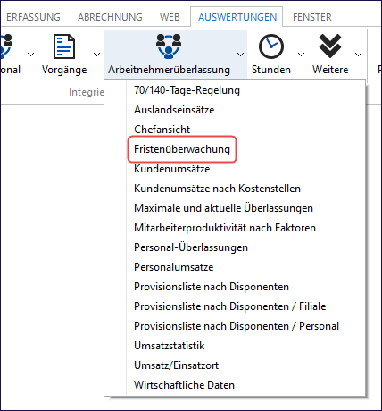 Menüpfad zur Fristenüberwachung: Auswertung, Arbeitnehmerüberlassung, Fristenüberwachung