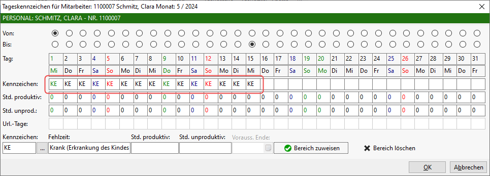 Screenshot: Fehlzeit in den Kennzeichen hinterlegen