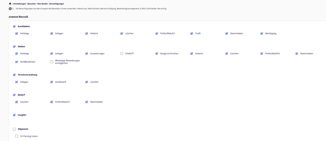 Checkboxen zur Berechtigungsverwaltung fuer einzelne Benutzer