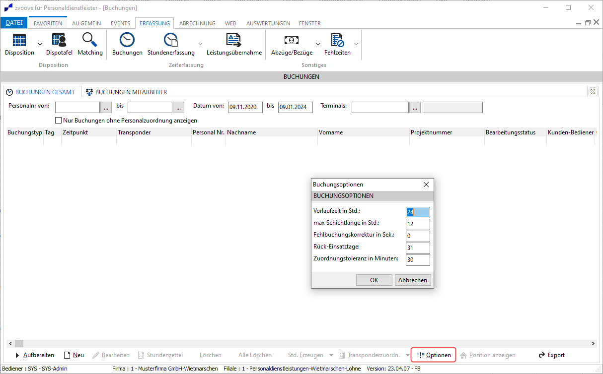 Screenshot der Optionen im Bereich Erfassung – Buchungen mit Einstellung der Vorlaufzeit