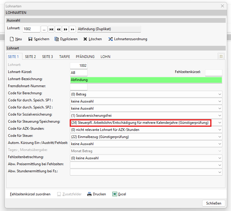 Screenshot: Einstellung Code für Speicherung mit Günstigerprüfung Code 24 in der Lohnart