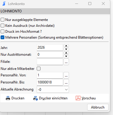 Dialogfenster zum Drucken des Lohnjournals für mehrere Mitarbeiter