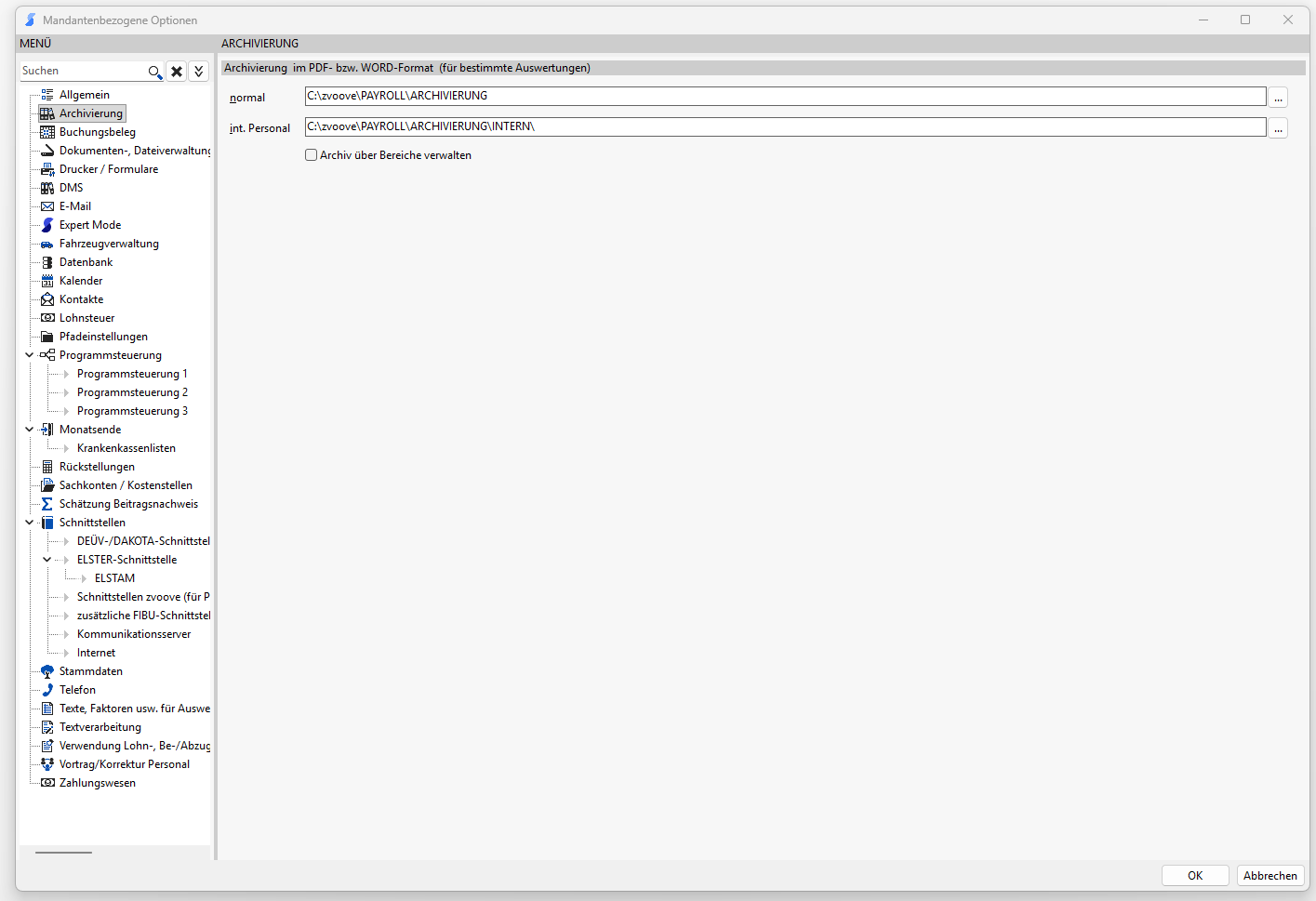 Screenshot der Archivierungseinstellungen